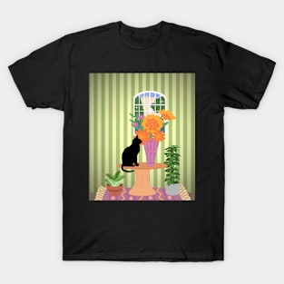 House Panther Admiring Flowers T-Shirt